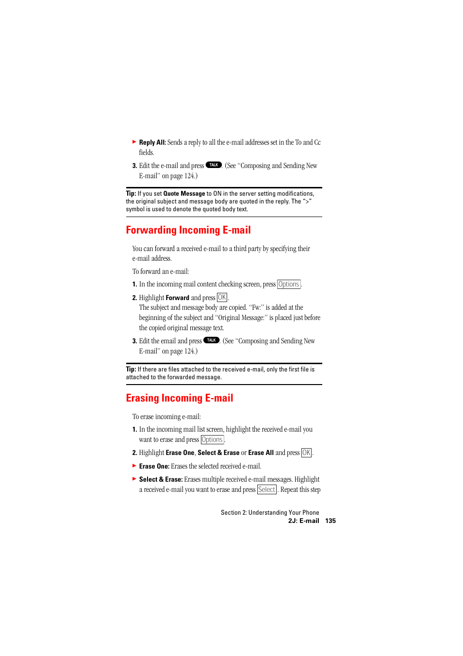 Forwarding incoming email, Erasing incoming email, Forwarding incoming e-mail erasing incoming e-mail | Forwarding incoming e-mail, Erasing incoming e-mail | Hitachi SINGLE-BAND PCS PHONE SH-P300 User Manual | Page 144 / 455