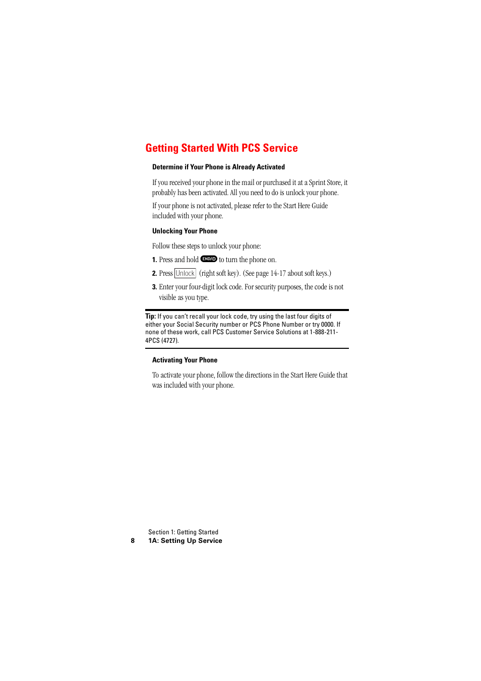 Getting started with pcs service | Hitachi SINGLE-BAND PCS PHONE SH-P300 User Manual | Page 17 / 455