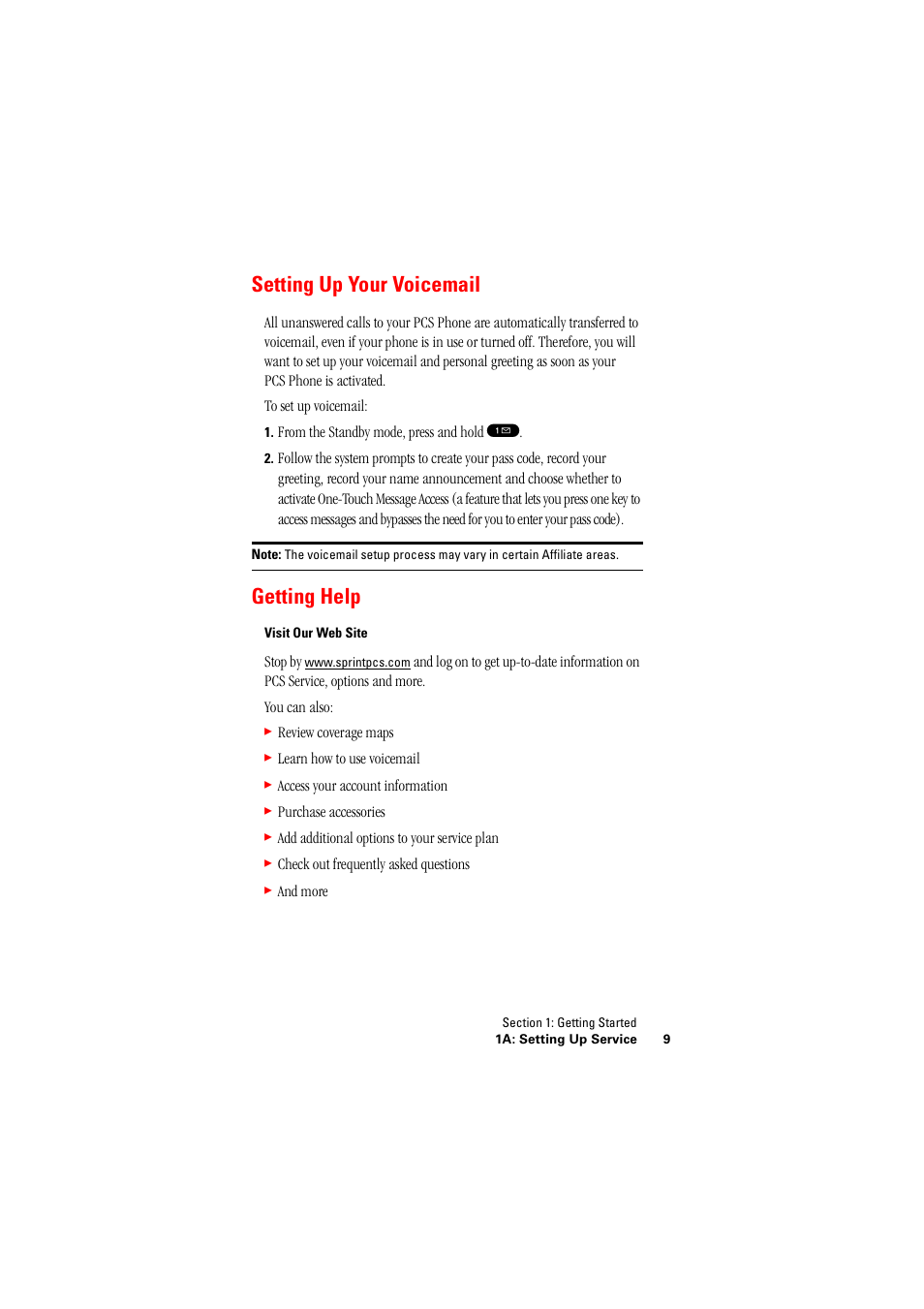 Setting up your voicemail, Getting help, Setting up your voicemail getting help | Hitachi SINGLE-BAND PCS PHONE SH-P300 User Manual | Page 18 / 455