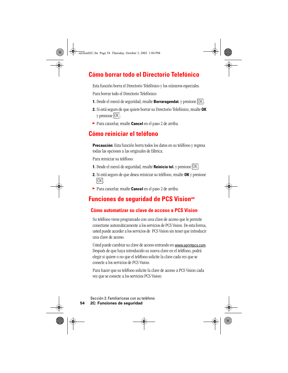 Cómo borrar todo el directorio telefónico, Cómo reiniciar el teléfono, Funciones de seguridad de pcs visionsm | Funciones de seguridad de pcs vision | Hitachi SINGLE-BAND PCS PHONE SH-P300 User Manual | Page 289 / 455