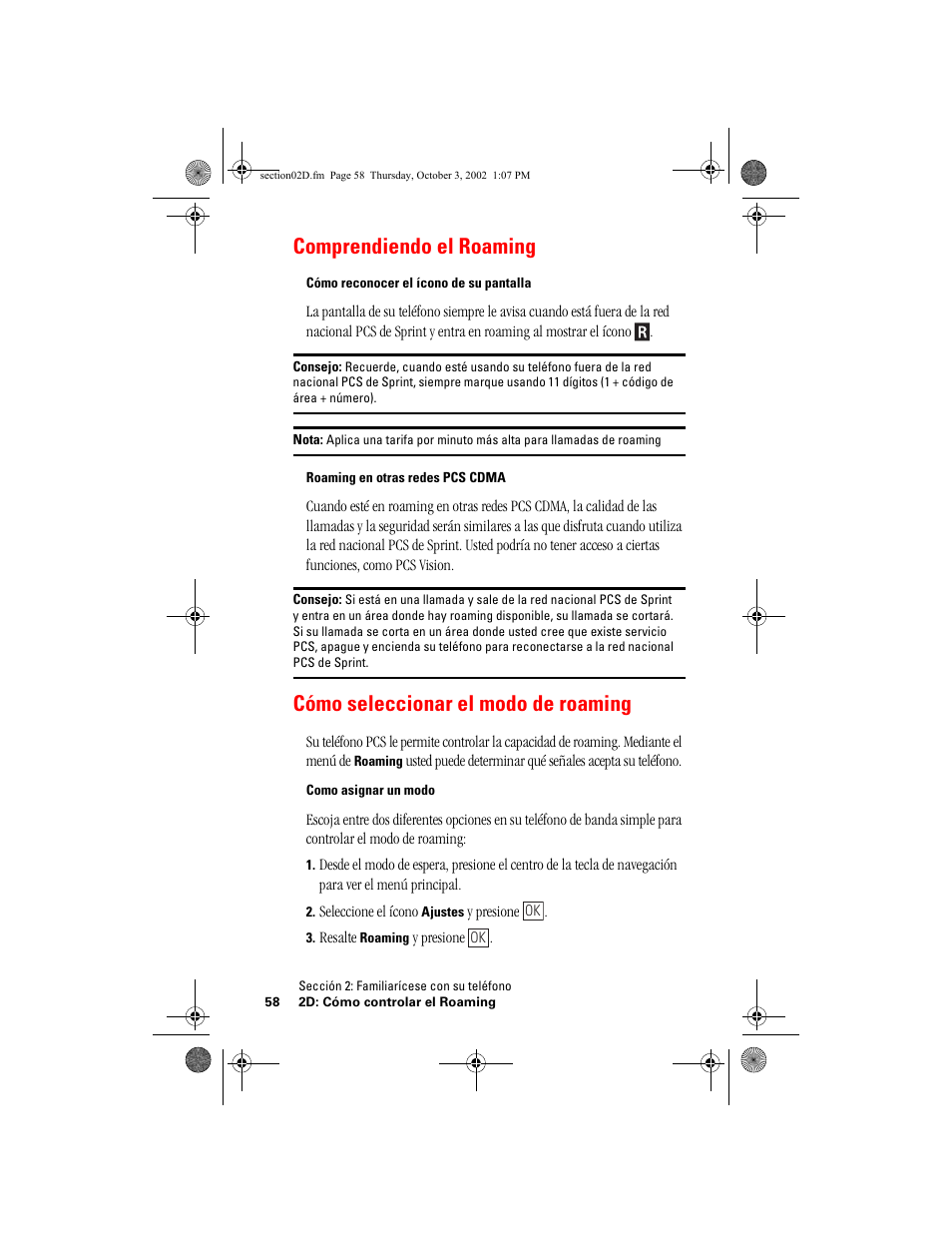 Comprendiendo el roaming, Cómo seleccionar el modo de roaming | Hitachi SINGLE-BAND PCS PHONE SH-P300 User Manual | Page 293 / 455