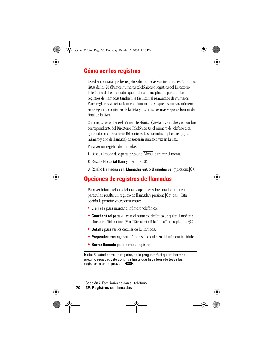 Cómo ver los registros, Opciones de registros de llamadas | Hitachi SINGLE-BAND PCS PHONE SH-P300 User Manual | Page 305 / 455
