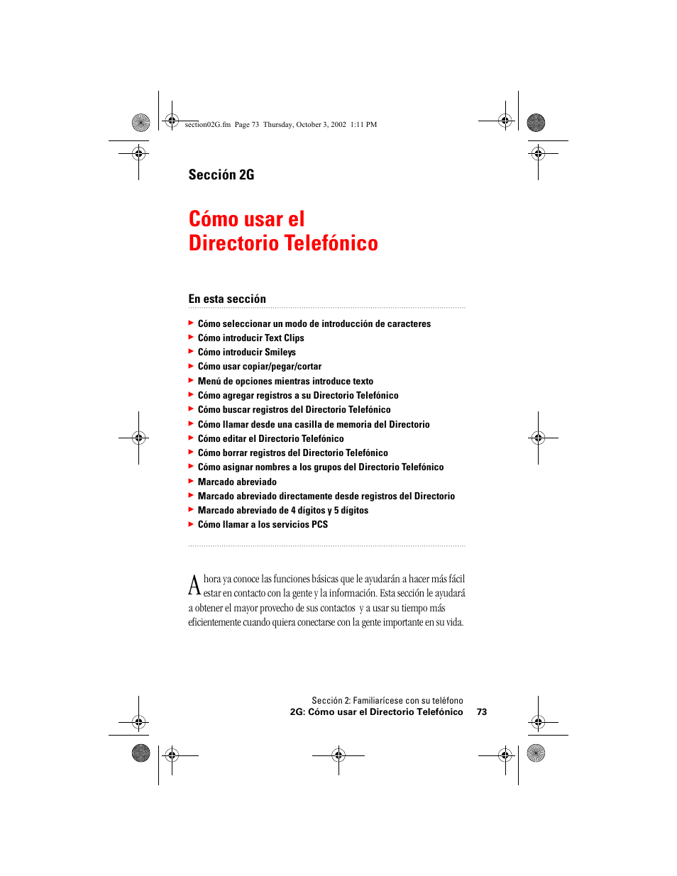 Cómo usar el directorio telefónico, Cómo manejar la agenda, Precauciones especiales y aviso de la fcc | Sección 2g, En esta sección | Hitachi SINGLE-BAND PCS PHONE SH-P300 User Manual | Page 308 / 455