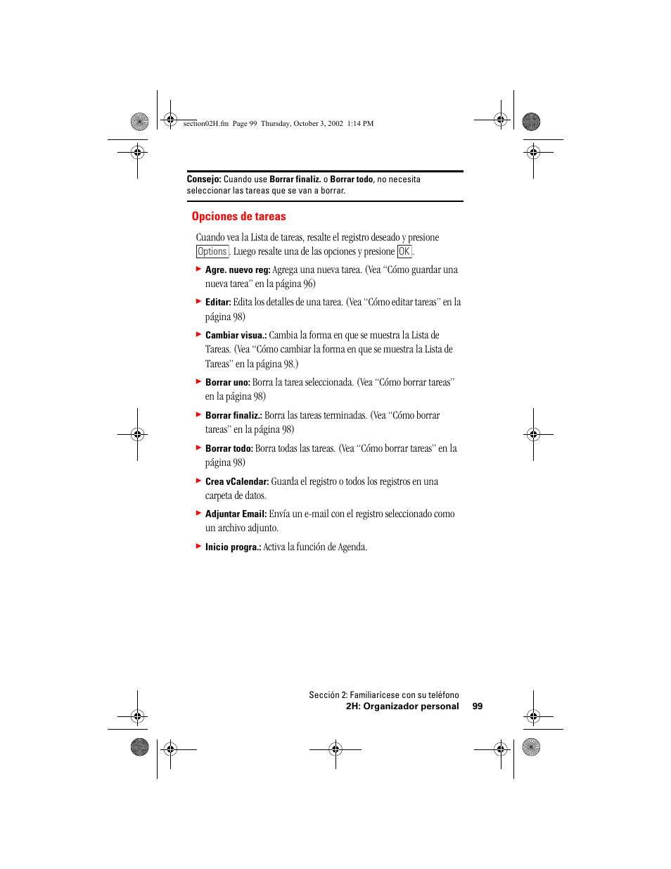 Opciones de tareas | Hitachi SINGLE-BAND PCS PHONE SH-P300 User Manual | Page 334 / 455