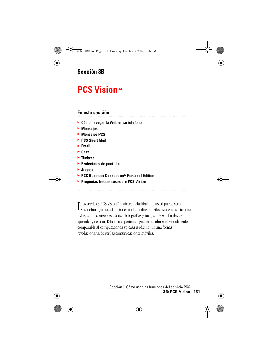 Pcs visionsm, Pcs voice commandsm, Pcs vision | Sección 3b, En esta sección | Hitachi SINGLE-BAND PCS PHONE SH-P300 User Manual | Page 386 / 455