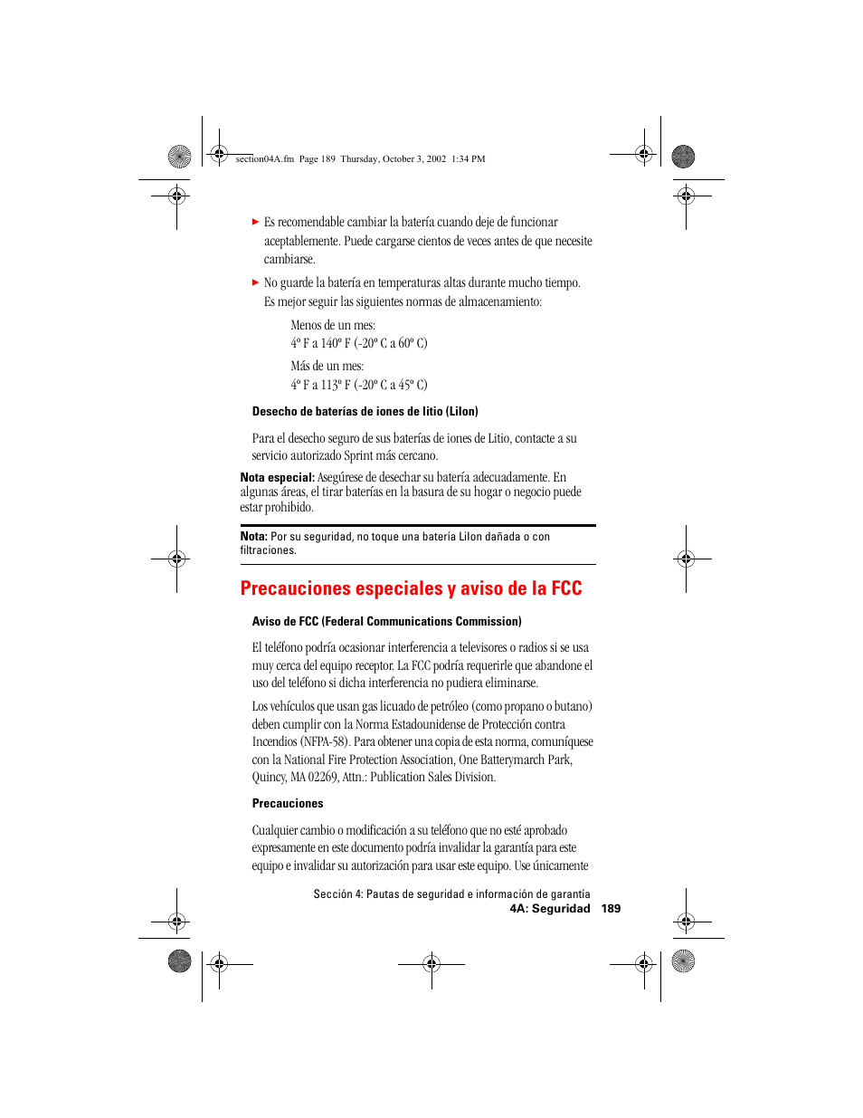 Precauciones especiales y aviso de la fcc | Hitachi SINGLE-BAND PCS PHONE SH-P300 User Manual | Page 424 / 455