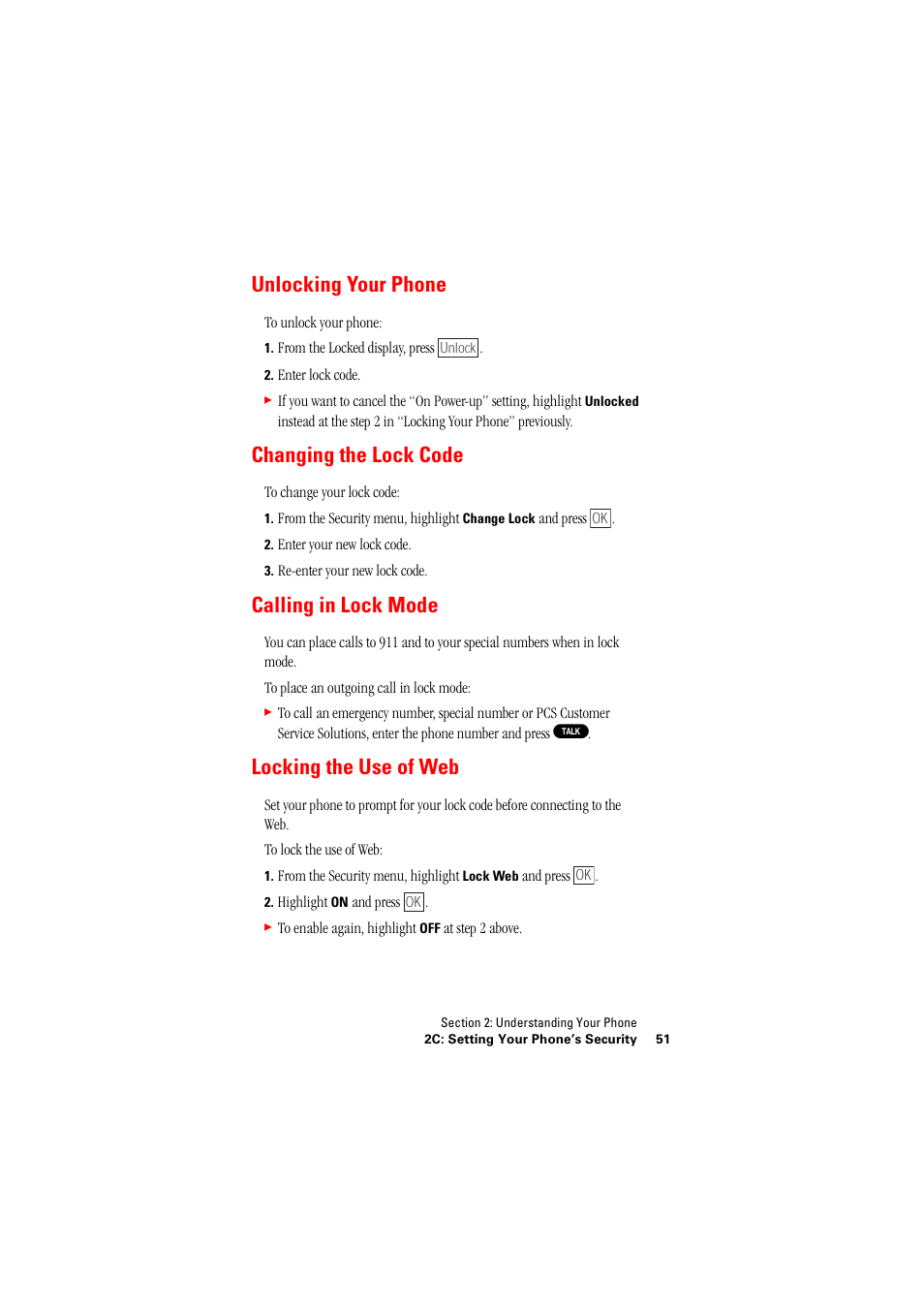 Unlocking your phone, Changing the lock code, Calling in lock mode | Locking the use of web | Hitachi SINGLE-BAND PCS PHONE SH-P300 User Manual | Page 60 / 455