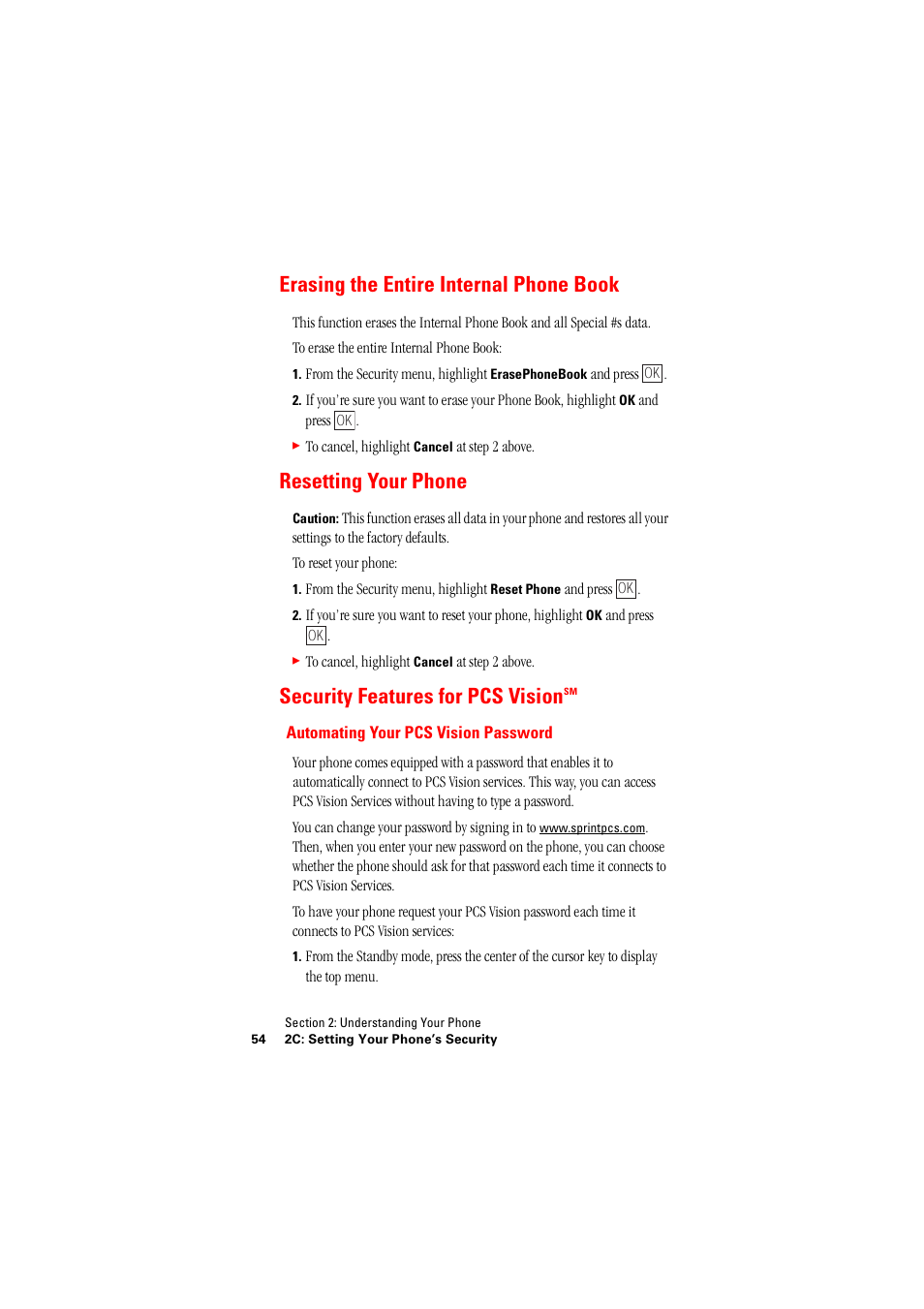 Erasing the entire internal phone book, Resetting your phone, Security features for pcs visionsm | Automating your pcs vision password, Security features for pcs vision | Hitachi SINGLE-BAND PCS PHONE SH-P300 User Manual | Page 63 / 455