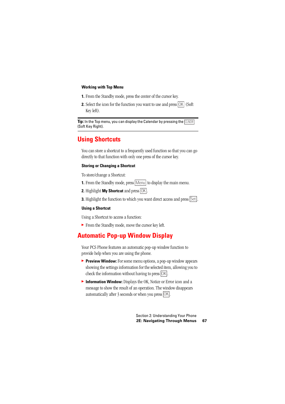 Using shortcuts, Automatic pop-up window display, Using shortcuts automatic pop-up window display | Hitachi SINGLE-BAND PCS PHONE SH-P300 User Manual | Page 76 / 455