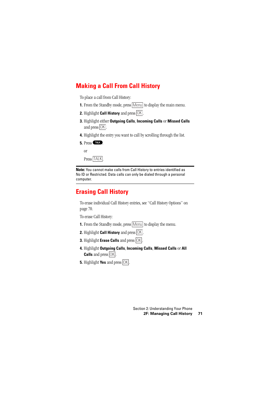 Making a call from call history, Erasing call history | Hitachi SINGLE-BAND PCS PHONE SH-P300 User Manual | Page 80 / 455