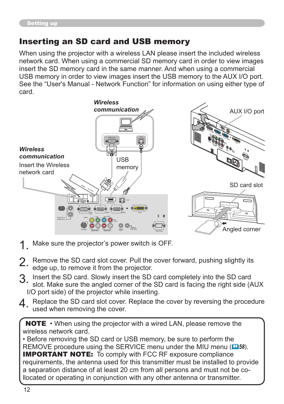 Make sure the projector’s power switch is off, Aux i/o port sd card slot angled corner, Setting up | Hitachi CP-X608 User Manual | Page 12 / 72