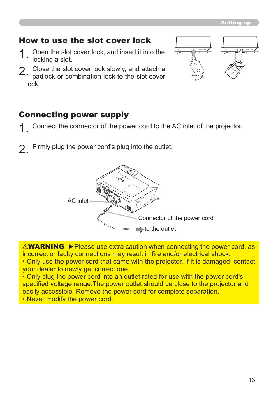 How to use the slot cover lock, Connecting power supply | Hitachi CP-X608 User Manual | Page 13 / 72