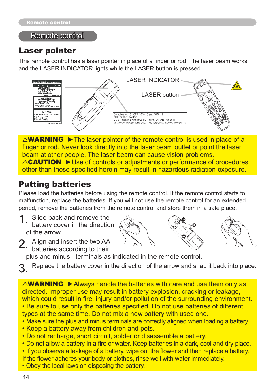 Putting batteries, Laser pointer, Remote control | Hitachi CP-X608 User Manual | Page 14 / 72