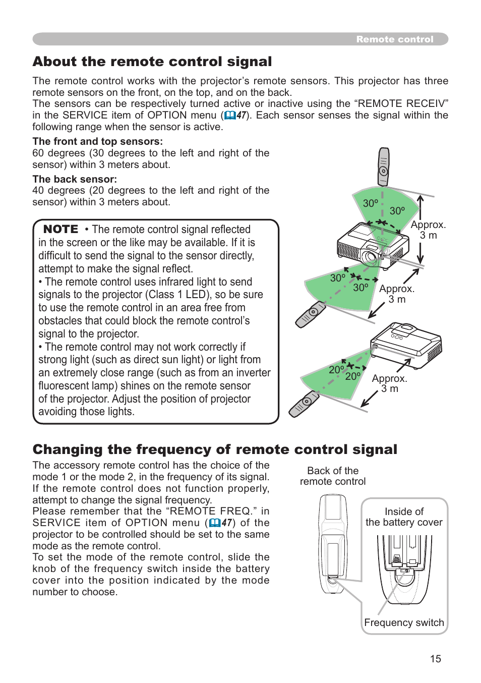 Changing the frequency of remote control signal, About the remote control signal | Hitachi CP-X608 User Manual | Page 15 / 72
