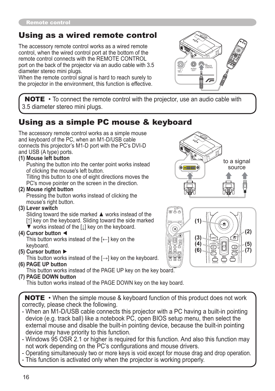 Using as a wired remote control, Using as a simple pc mouse & keyboard, Remote control | Blank laser aspec t push ent er laser indica tor, Push | Hitachi CP-X608 User Manual | Page 16 / 72