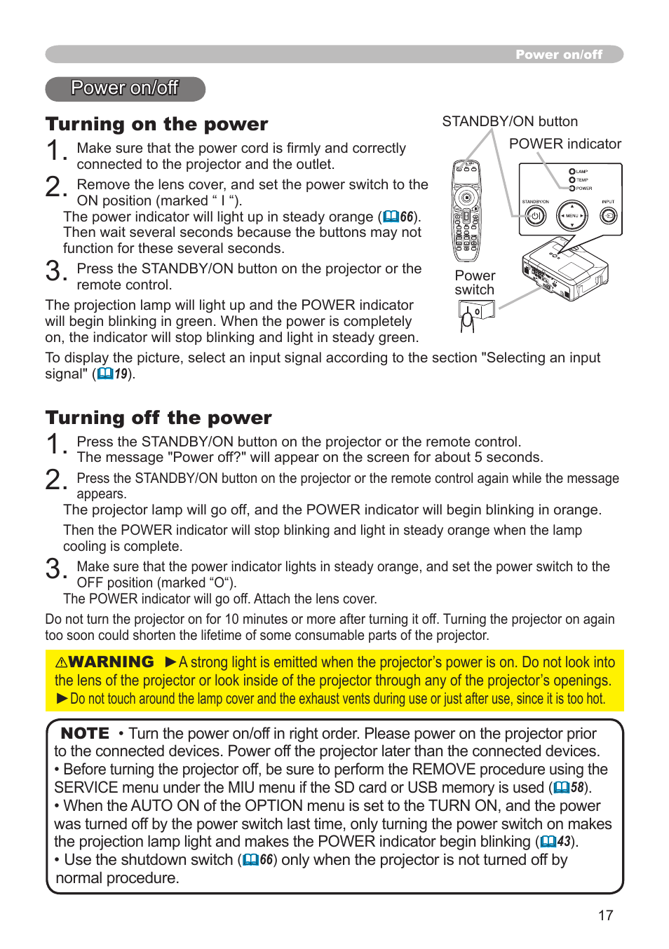 Power on/off turning on the power, Turning off the power | Hitachi CP-X608 User Manual | Page 17 / 72