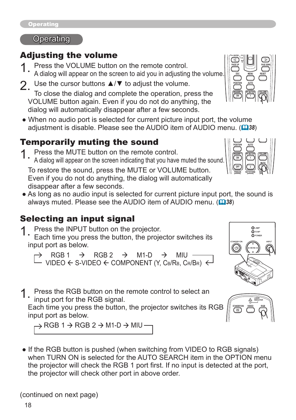 Operating adjusting the volume, Temporarily muting the sound, Selecting an input signal | Continued on next page), Operating | Hitachi CP-X608 User Manual | Page 18 / 72