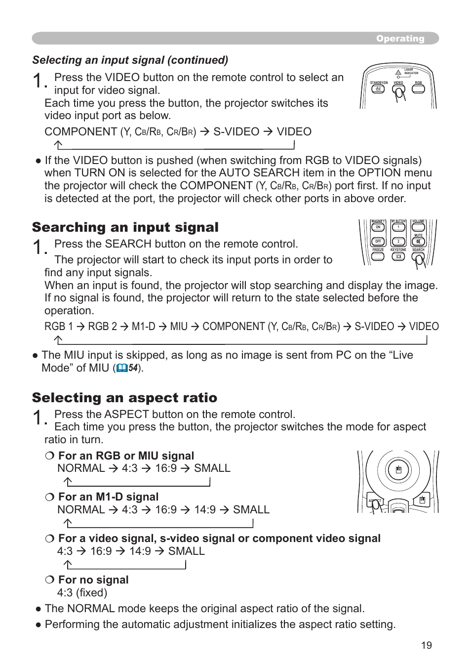 Searching an input signal, Selecting an aspect ratio, Selecting an input signal (continued) | Operating | Hitachi CP-X608 User Manual | Page 19 / 72