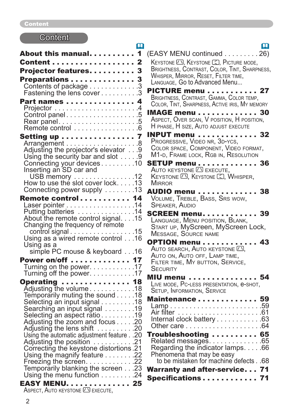 Content | Hitachi CP-X608 User Manual | Page 2 / 72