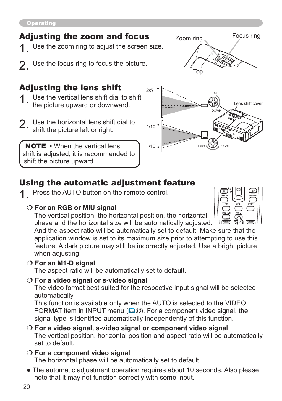 Adjusting the zoom and focus, Adjusting the lens shift, Using the automatic adjustment feature | Use the zoom ring to adjust the screen size, Use the focus ring to focus the picture | Hitachi CP-X608 User Manual | Page 20 / 72