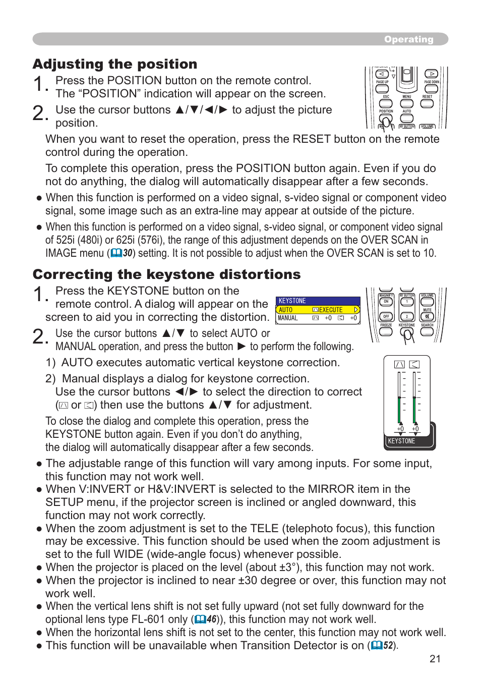 Adjusting the position, Correcting the keystone distortions, Operating | Hitachi CP-X608 User Manual | Page 21 / 72