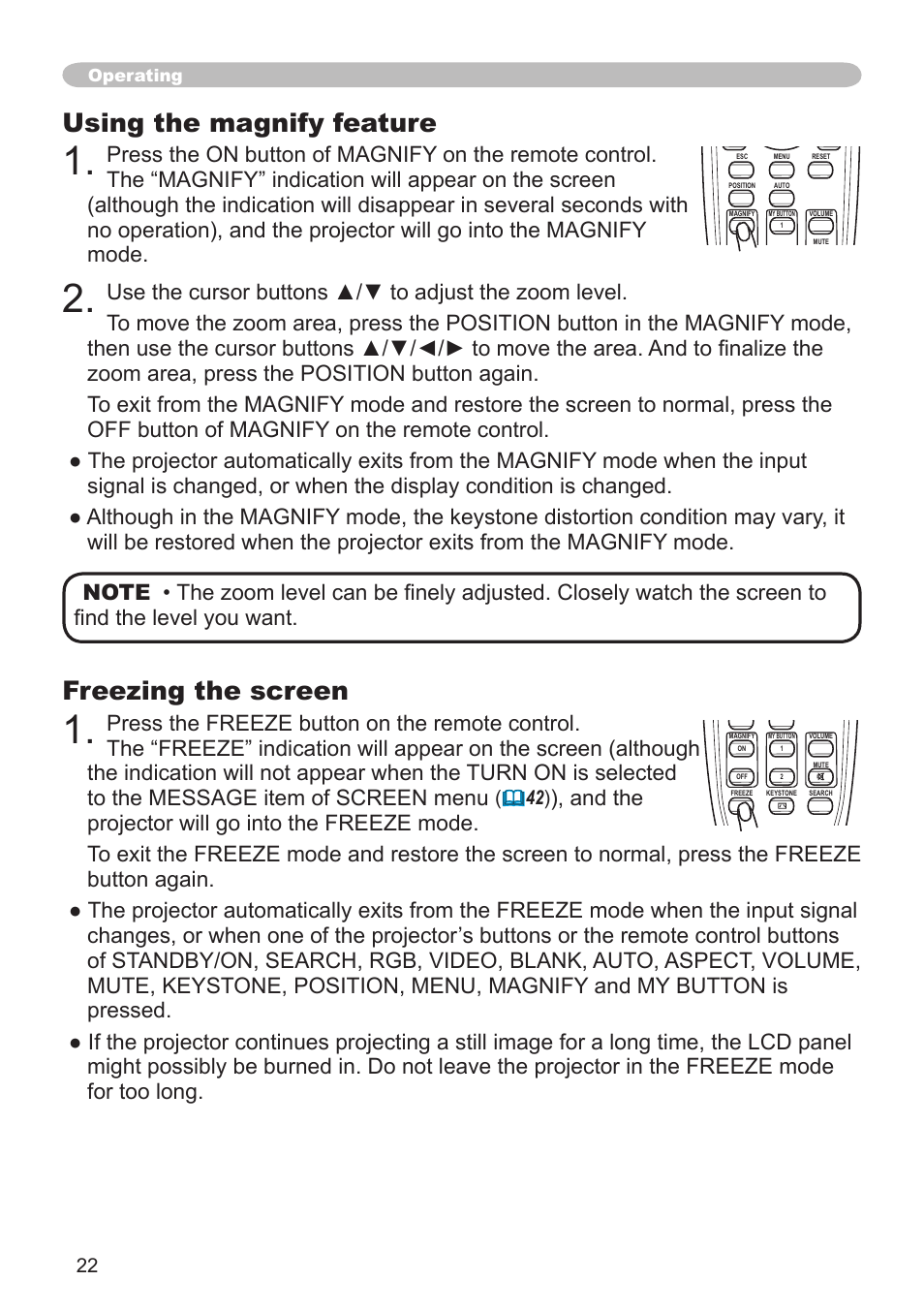 Using the magnify feature, Freezing the screen, Operating | Hitachi CP-X608 User Manual | Page 22 / 72