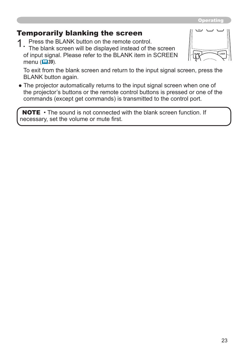 Temporarily blanking the screen, Operating | Hitachi CP-X608 User Manual | Page 23 / 72