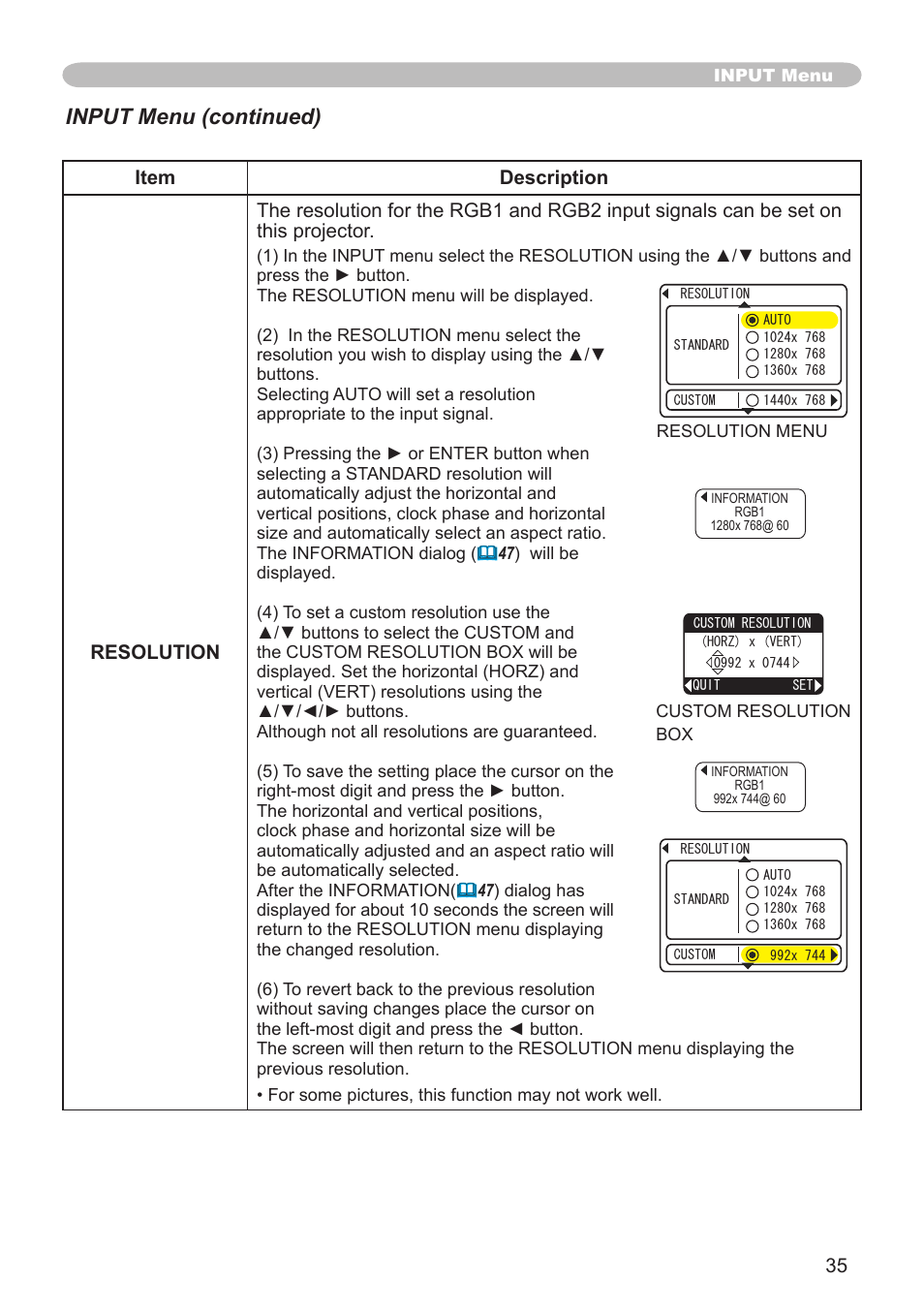 Input menu (continued) | Hitachi CP-X608 User Manual | Page 35 / 72