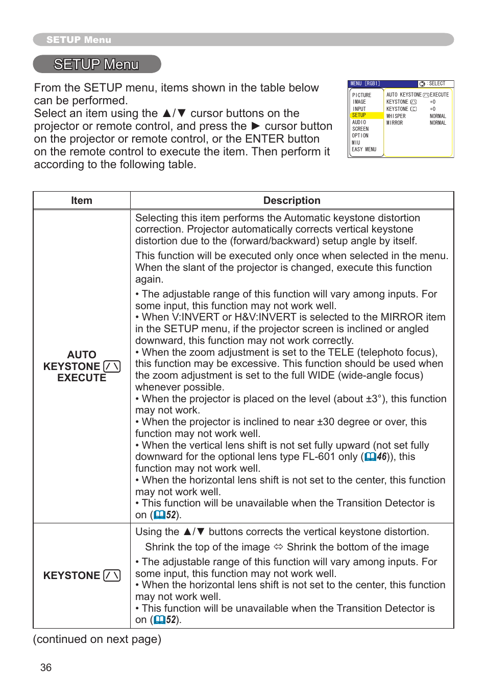 Setup menu, Continued on next page) | Hitachi CP-X608 User Manual | Page 36 / 72