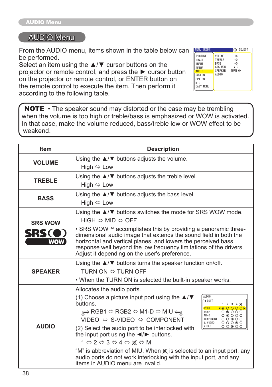 Audio menu | Hitachi CP-X608 User Manual | Page 38 / 72