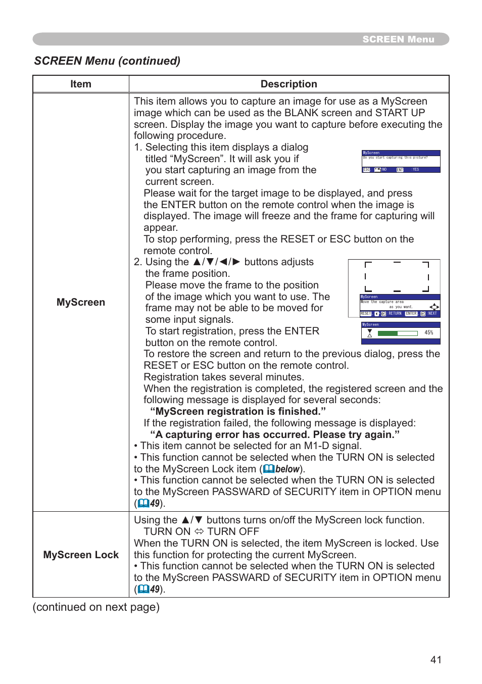 Screen menu (continued), Continued on next page) | Hitachi CP-X608 User Manual | Page 41 / 72