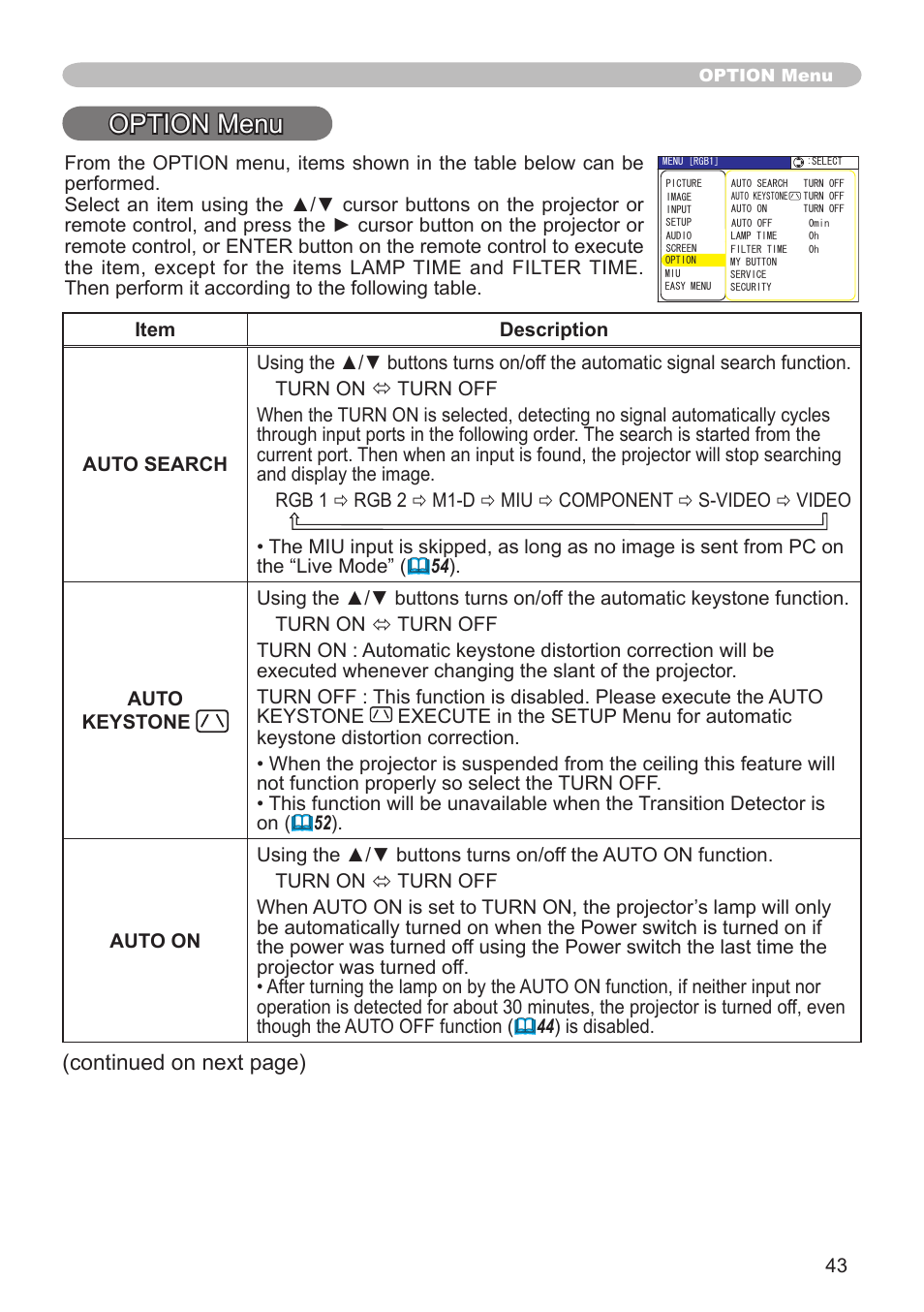 Option menu, Continued on next page) | Hitachi CP-X608 User Manual | Page 43 / 72