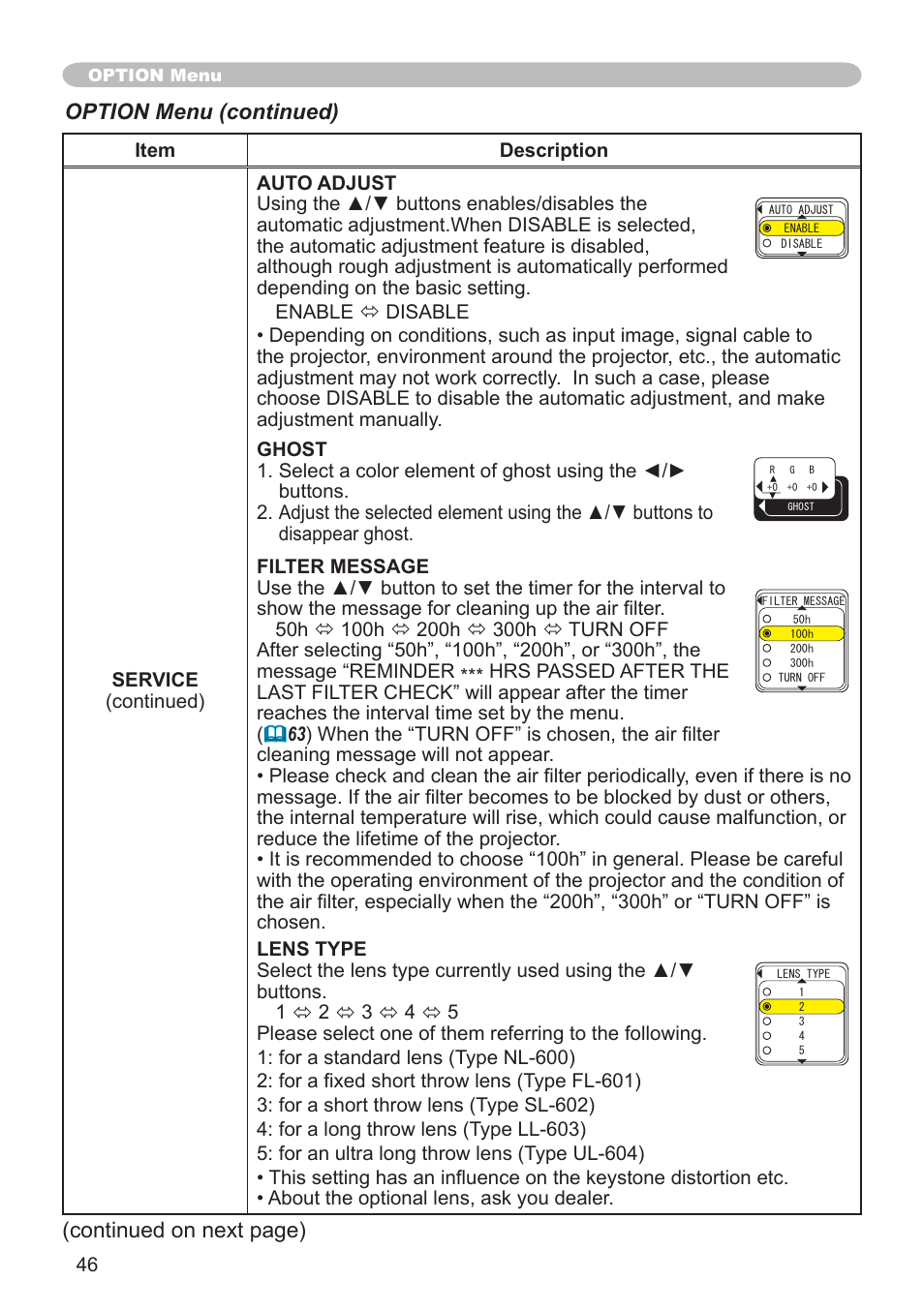 Option menu (continued), Continued on next page) | Hitachi CP-X608 User Manual | Page 46 / 72