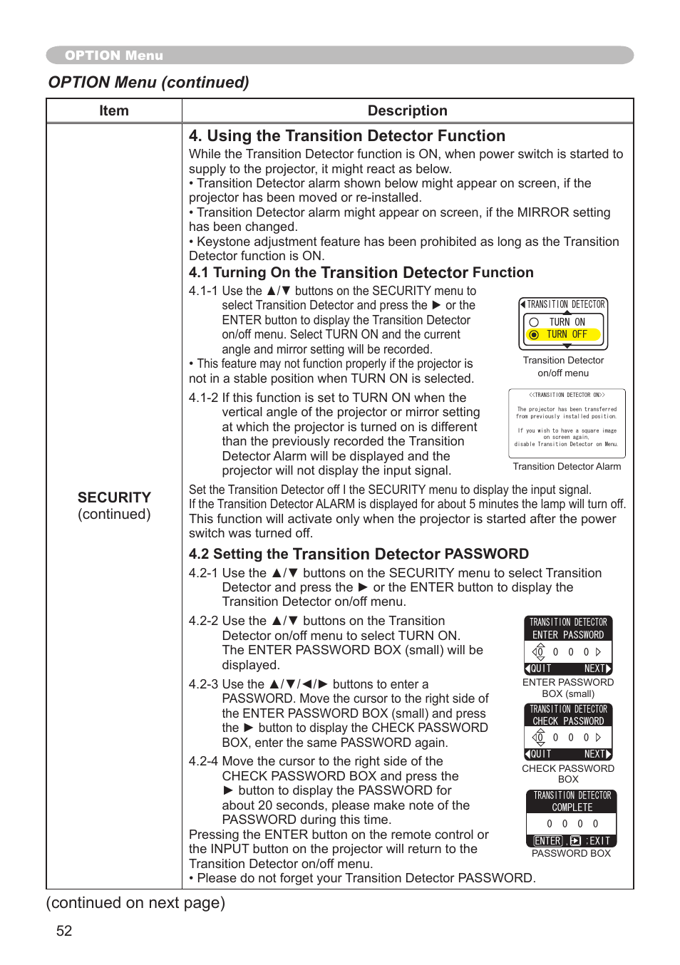 Using the transition detector function, Transition detector, Option menu (continued) | Continued on next page), 5 item description security (continued), 1 turning on the, Function, 2 setting the, Password | Hitachi CP-X608 User Manual | Page 52 / 72