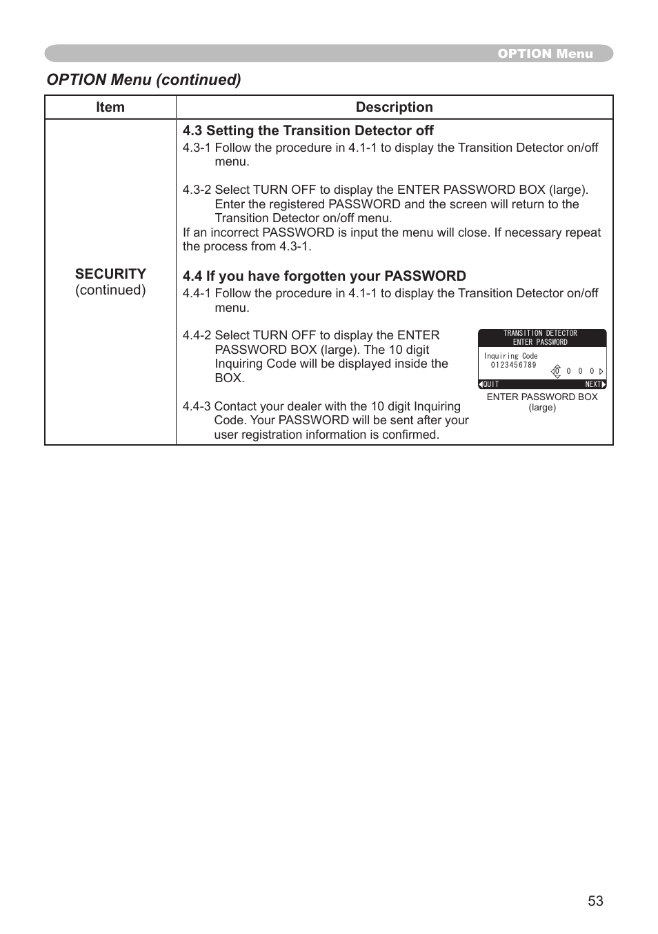 Option menu (continued) | Hitachi CP-X608 User Manual | Page 53 / 72