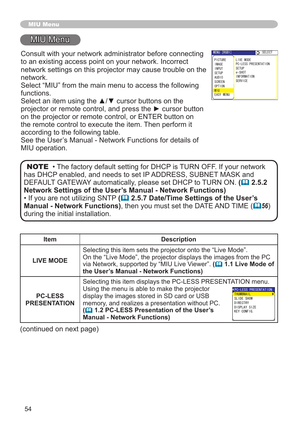 Miu menu | Hitachi CP-X608 User Manual | Page 54 / 72