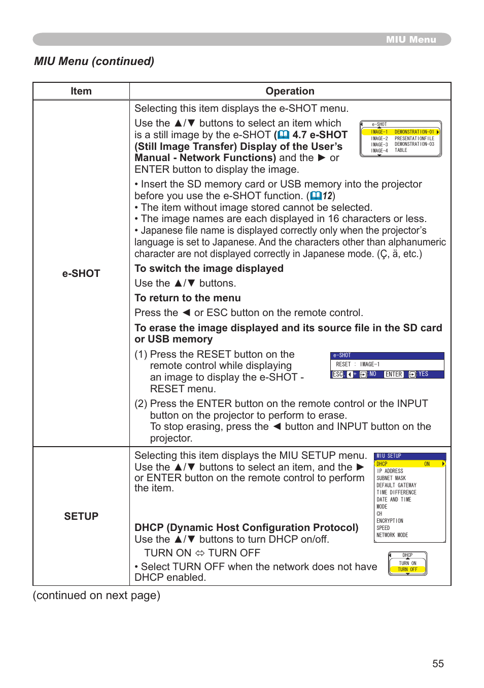 Continued on next page), Miu menu (continued) | Hitachi CP-X608 User Manual | Page 55 / 72