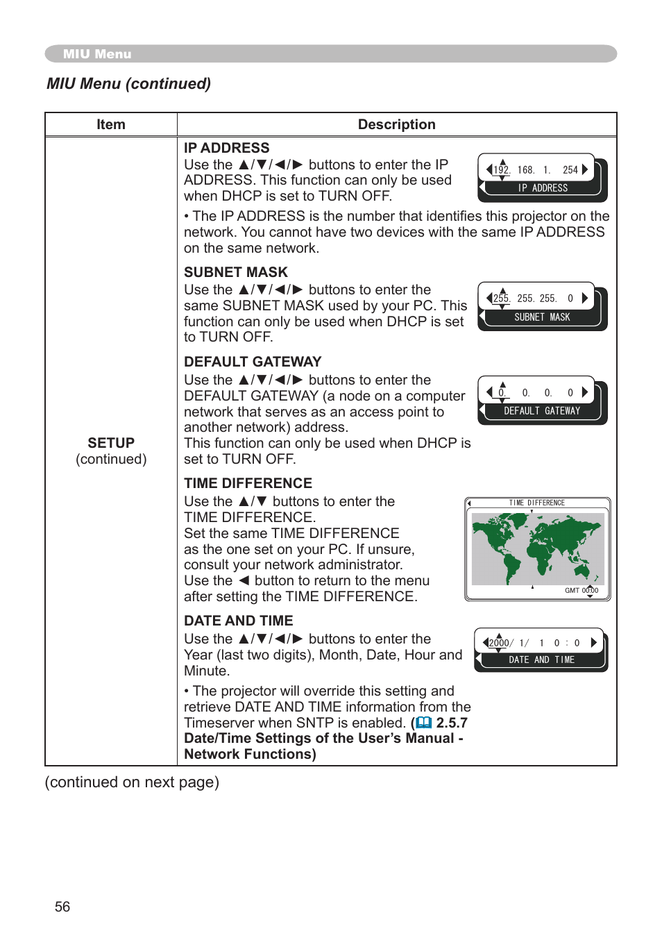 Miu menu (continued), Continued on next page) | Hitachi CP-X608 User Manual | Page 56 / 72