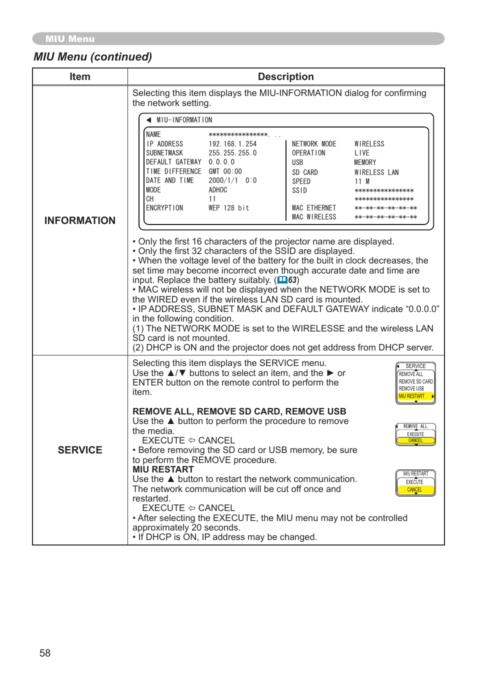 Miu menu (continued), Item description information, Service | Hitachi CP-X608 User Manual | Page 58 / 72