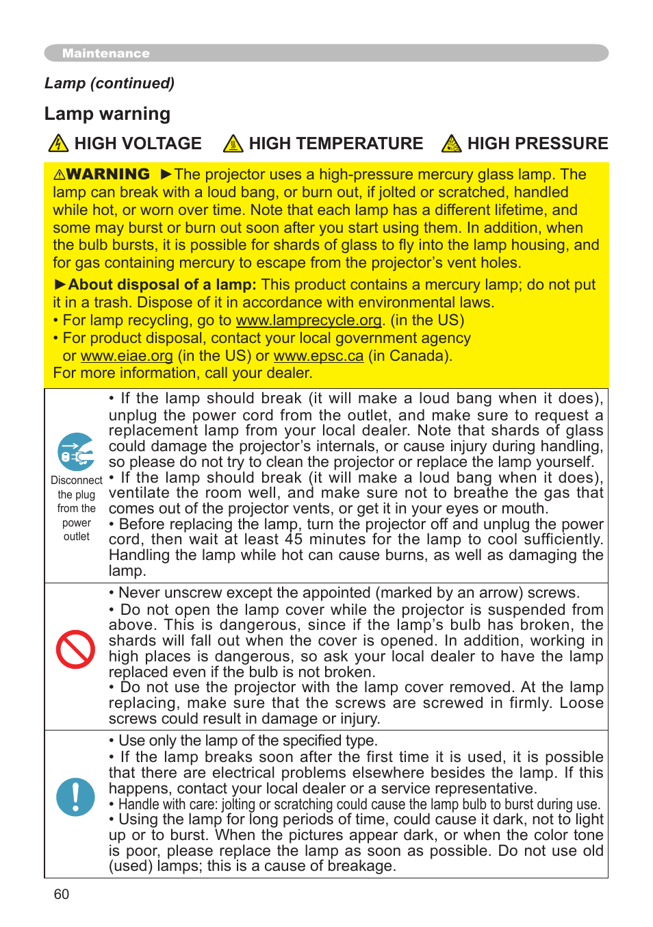 Lamp warning | Hitachi CP-X608 User Manual | Page 60 / 72