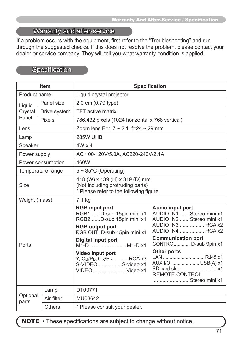 Warranty and after-service, Specification | Hitachi CP-X608 User Manual | Page 71 / 72