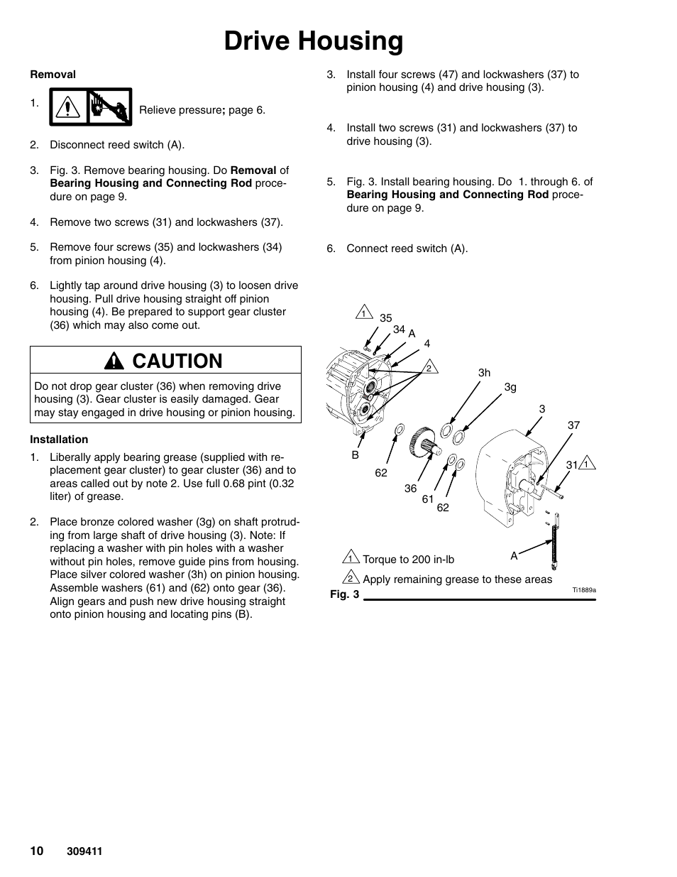 Drive housing, Caution | Hitachi GMAX 309411E User Manual | Page 10 / 26