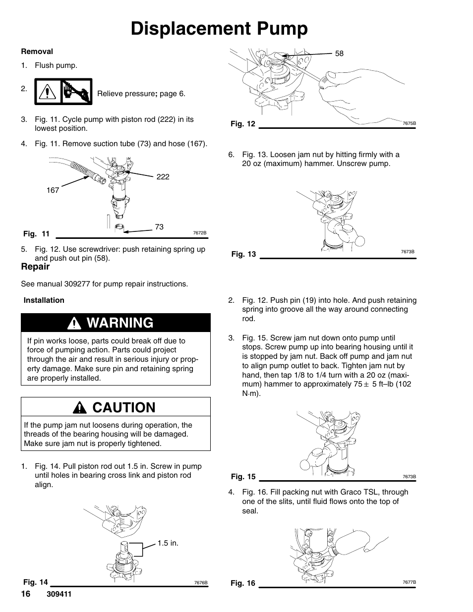 Displacement pump, Warning, Caution | Hitachi GMAX 309411E User Manual | Page 16 / 26