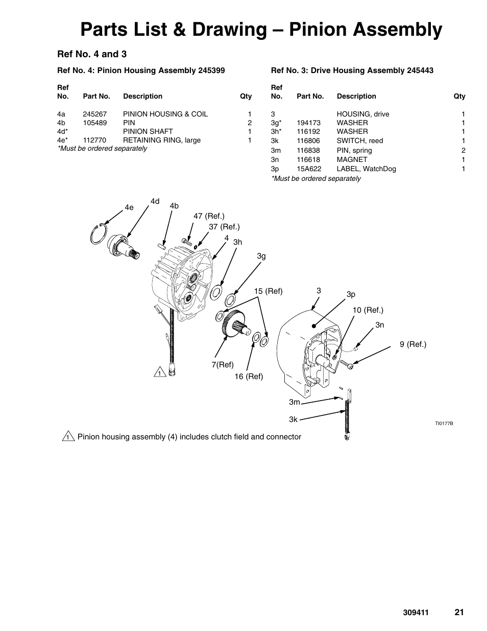 Parts list & drawing – pinion assembly, Ref no. 4 and 3 | Hitachi GMAX 309411E User Manual | Page 21 / 26