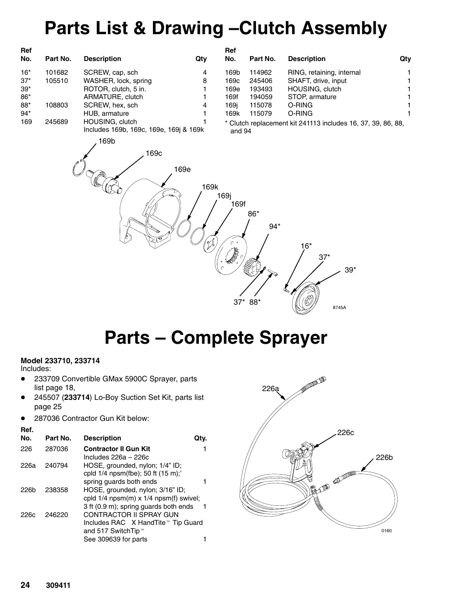 Parts list & drawing –clutch assembly, Parts – complete sprayer | Hitachi GMAX 309411E User Manual | Page 24 / 26
