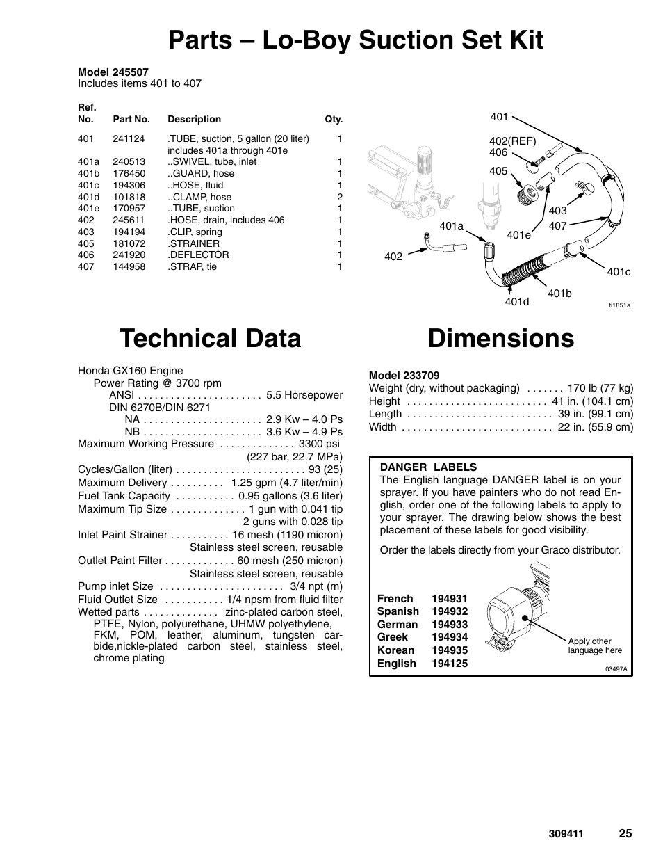 Parts – lo-boy suction set kit, Technical data, Dimensions | Hitachi GMAX 309411E User Manual | Page 25 / 26