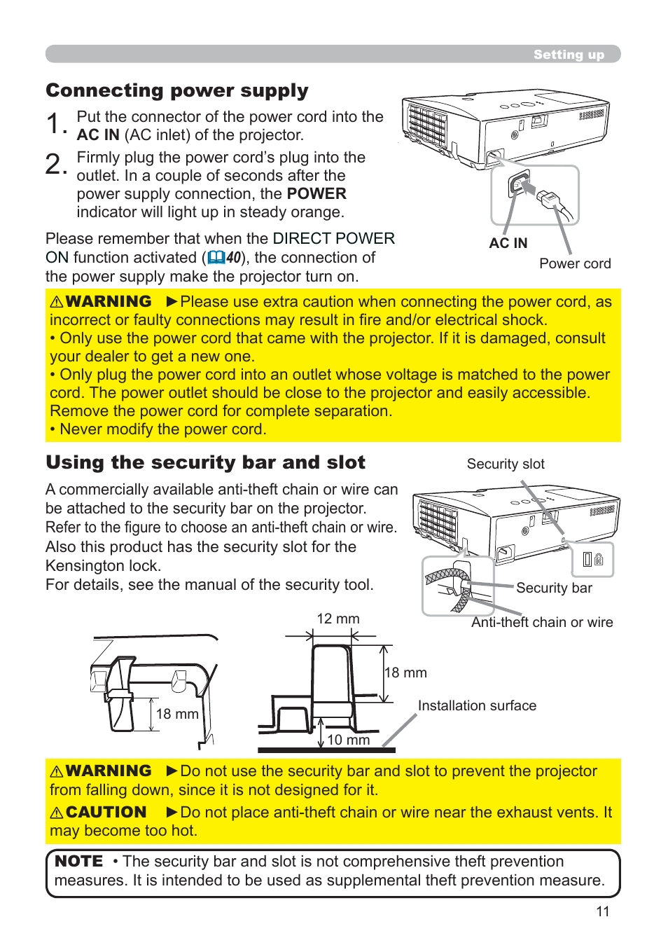 Connecting power supply, Using the security bar and slot | Hitachi CP-RX79 User Manual | Page 20 / 95