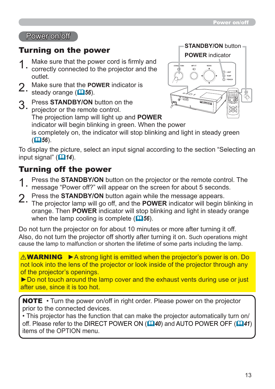 Turning on the power, Power on/off, Turning off the power | Hitachi CP-RX79 User Manual | Page 22 / 95