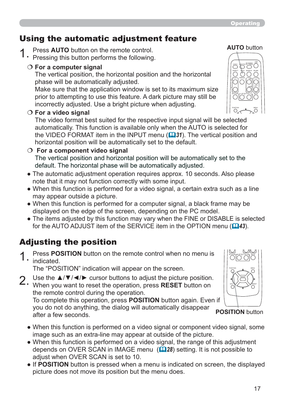 Adjusting the position, Using the automatic adjustment feature, Position button | Auto button, Operating | Hitachi CP-RX79 User Manual | Page 26 / 95