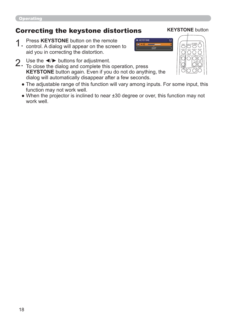 Correcting the keystone distortions, Keystone button, Operating | Hitachi CP-RX79 User Manual | Page 27 / 95